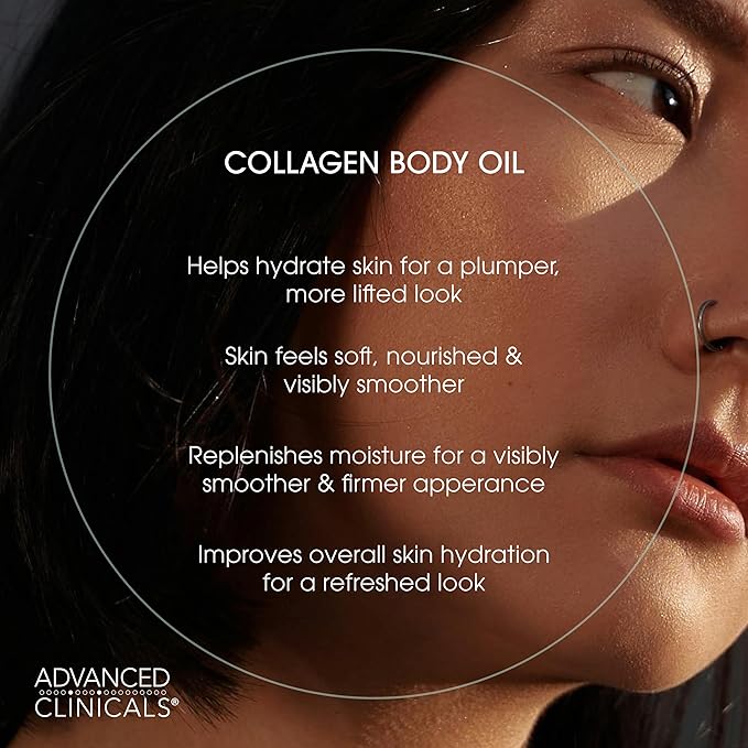 Advanced Clinicals Collagen Body Oil Skin Care Moisturizer W/Vitamin E & Vitamin C - Tightening, Firming, & Hydrating Massage Collagen Oil For Wrinkles, Crepey Skin, & Stretch Marks, 12 Fl Oz