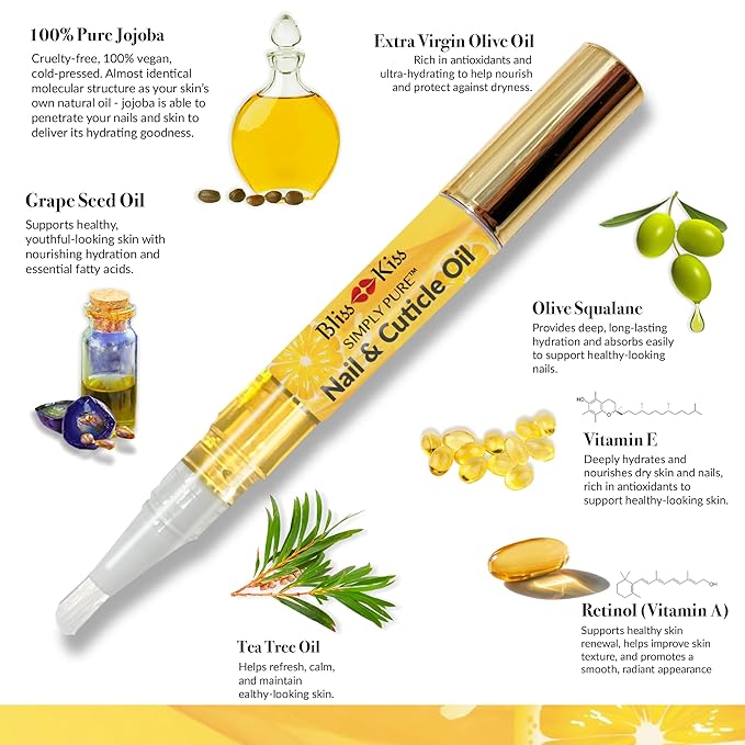 Bliss Kiss | 1 Crisp Fragrance | Nail Oil Cuticle Pen w/Vitamin E & Jojoba⏤Nail Strengthener Nail Growth Serum for Brittle Peeling Breaking Thin Nails