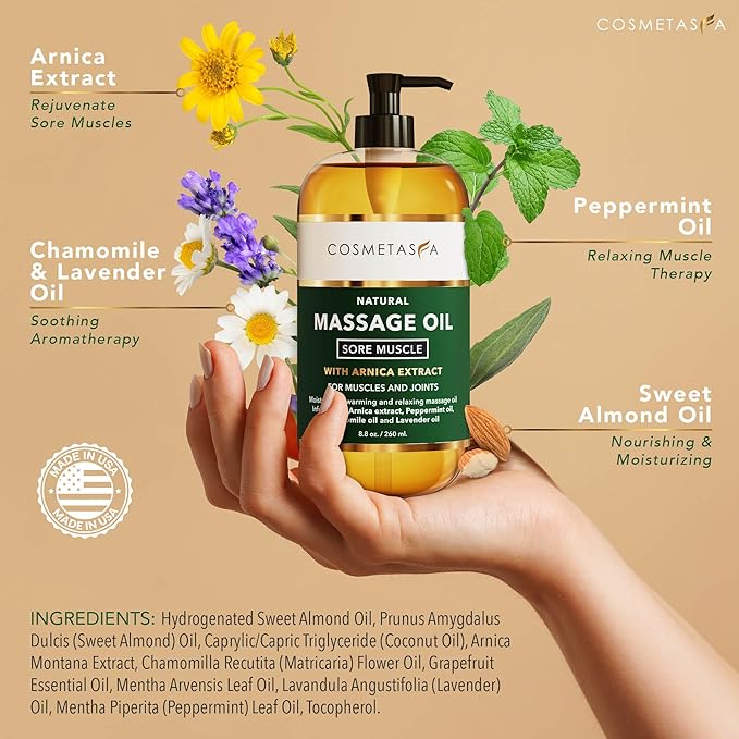 Cosmetasa Sore Muscle Massage Oil with Massage Hot Stones - Soothes Muscle and Joint with Arnica Extract, Peppermint, Chamomile, and Lavender Oil