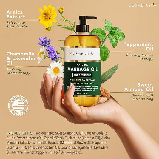 Cosmetasa Sore Muscle Massage Oil with Deep Tissue Massager - Thumb Saver and Oil Soothes Muscle and Joint with Arnica Extract, Peppermint, Chamomile, and Lavender Oil 8.8 Fl Oz
