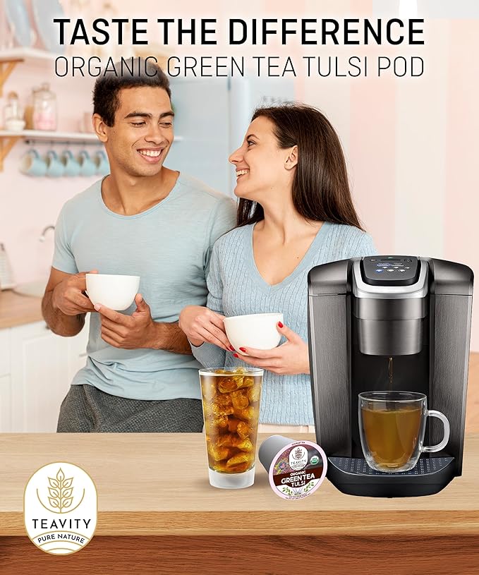 Organic Tulsi Tea Pods with Unsweetened Caffeinated Green Tea Pods for Keurig - Tulsi Green Tea by Teavity (24 Tea Pods)