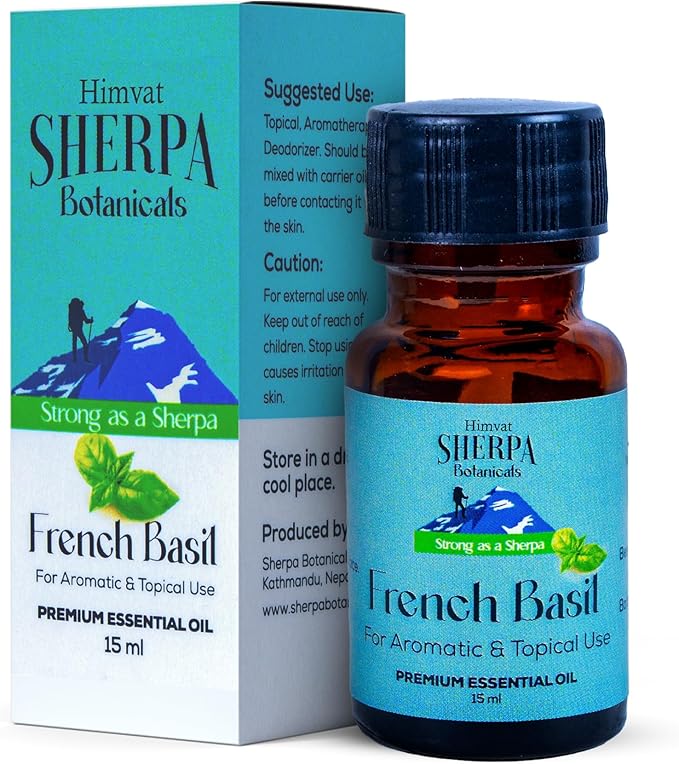 Sherpa Botanicals French Basil Essential Oil - 100% Pure & Natural Oils - Ideal for Diffuser Blends, Aromatherapy, Home Fragrance - Herbaceous Aroma for Home & Wellness - Vegan, Paraben-Free, 15mL