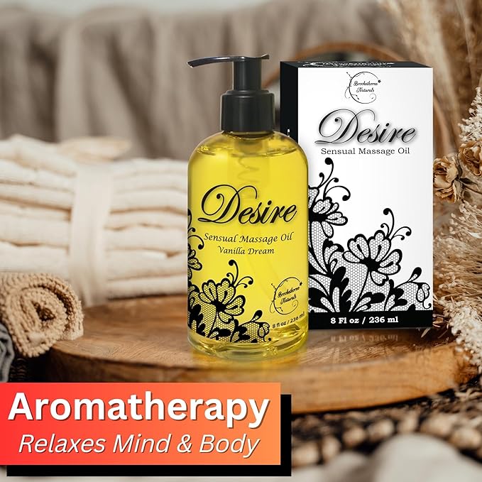 Desire Sensual Massage Oil for Date Night | Best Massage Oil for Couples | All Natural with Sweet Almond, Grapeseed & Jojoba for Smooth Glide & Moisturized Skin 8oz