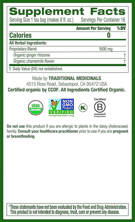 Traditional Medicinals Organic Ginger & Chamomile Herbal Tea, Relieves Occasional Indigestion or Nausea, (Pack of 1) - 16 Tea Bags