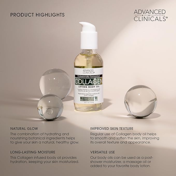 Advanced Clinicals Collagen Body Oil Skin Care Moisturizer W/Vitamin E & Vitamin C - Tightening, Firming, & Hydrating Massage Collagen Oil For Wrinkles, Crepey Skin, & Stretch Marks, 12 Fl Oz