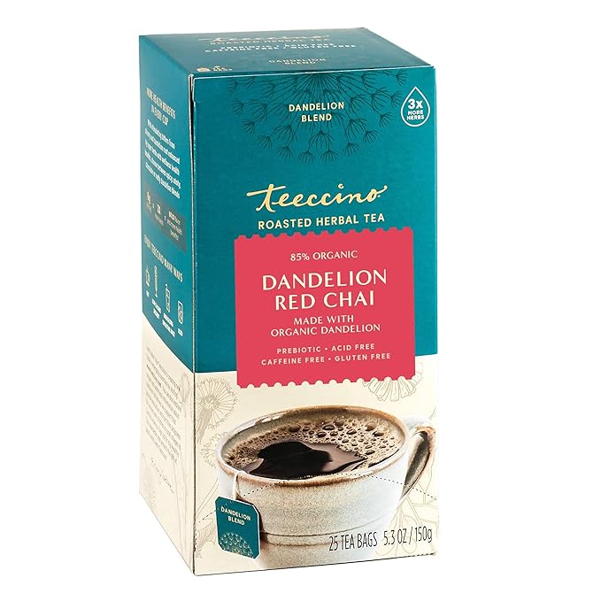 Teeccino Dandelion Red Chai Tea - Caffeine-Free, Roasted Herbal Tea with Prebiotics, 3x More Herbs than Regular Tea Bags, Gluten Free - 25 Tea Bags (Pack of 3)