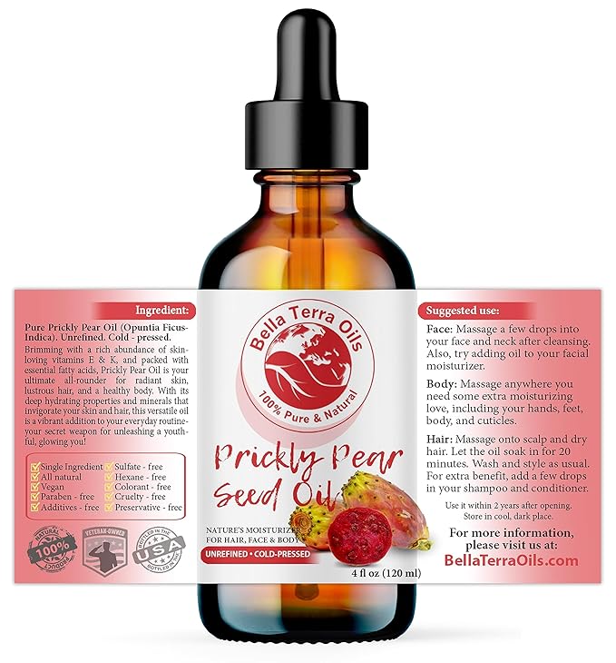 Bella Terra Oils - Prickly Pear Oil 4oz - Sourced from Pure Cactus Enclaves, Packed with Fatty Acids & Flavonoids, Impeccable for Silken Skin
