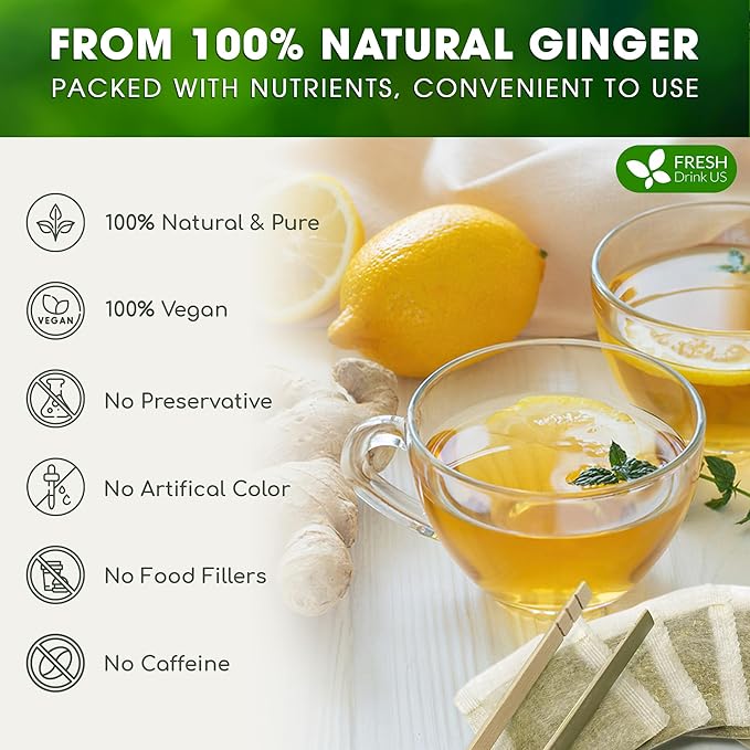 FRESHDRINKUS Premium 120 Ginger Tea Bags, 100% Natural & Pure from Ginger Roots, Ginger Tea, Ginger Herbal Tea. Ginger Tea. No Sugar, No Caffeine, No Gluten, Vegan.