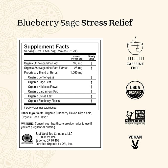 Yogi Tea Blueberry Sage Stress Relief - 16 Tea Bags per Pack (4 Packs) - Relaxing, Calming Tea to Support Stress Response - Includes Ashwagandha, Blueberry, Sage, Hibiscus & More