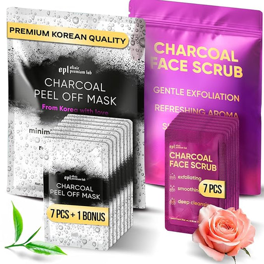 Ultimate Charcoal Skincare Bundle - Korean Charcoal Face Scrub & Peel Off Mask for Women & Men - 14 Exfoliating Scrubs & 1 Face Peel Mask for Blackheads & Pores