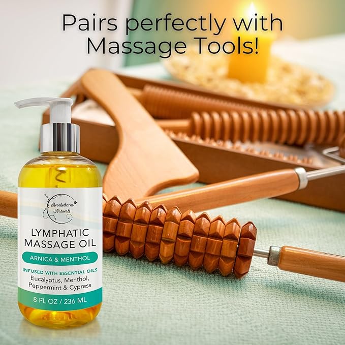 Lymphatic Drainage Massage Oil for Massage Therapy | Premium Quality, 100% Natural with Arnica Eucalyptus & Menthol | for Post Surgery Recovery & Detox | 8oz by Brookethorne Naturals