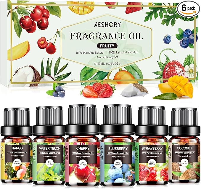 Fruity Essential Oils Set - 6x10ML Fruit Fragrance Oil for Diffuser, Aromatherapy, Candle Making - Strawberry, Cherry, Blueberry, Mango, Coconut, Watermelon Scented Oil