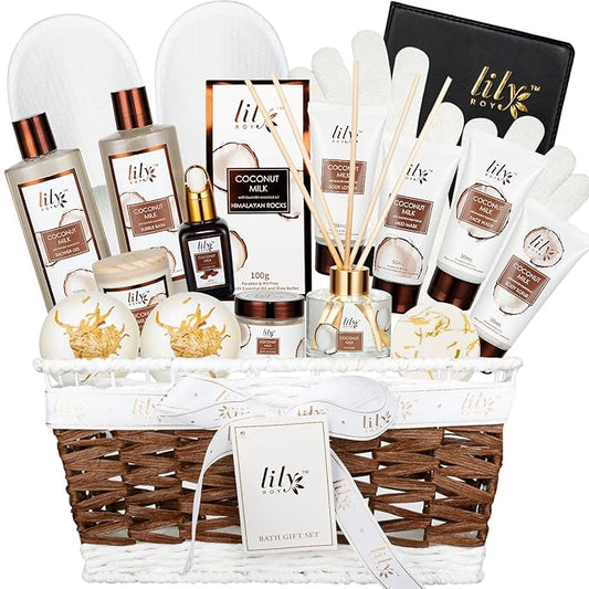 Mothers Day Gifts for Mom Coconut Vanilla Spa Gift Basket for Women 18 Pcs Luxury Bath & Body Set with Shower Gel | Relaxing Self Care Pampering Gifts for Her, Birthday, Christmas, Bridal Shower