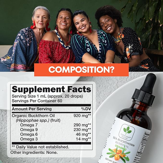 Sea Buckthorn Oil Organic - 2 fl oz Cold-Pressed Sea Buckthorn Berry Oil - Seabuckthorn Oil for Face and Organic Sea Buckthorn Oil Supplement