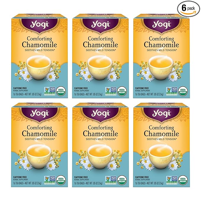 Yogi Tea Comforting Chamomile Tea - 16 Tea Bags per Pack (6 Packs) - Organic Chamomile Tea Bags - Supports a Good Night's Sleep & Occasional Stomach Discomfort - Made from Organic Chamomile Flower