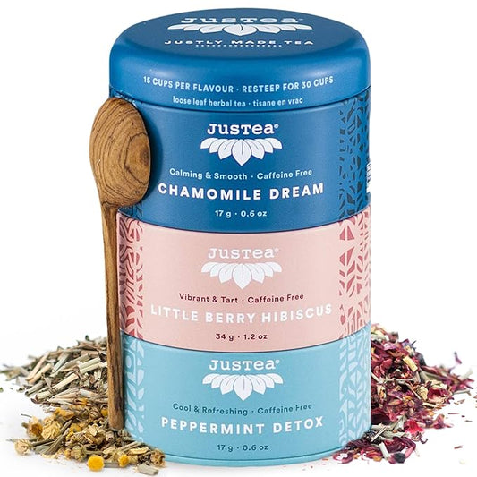 JusTea Herbal Tea Trio | Stacking Tins Variety Pack with Hand Carved Tea Spoon | Loose Leaf Tea | Caffeine Free | Award-Winning | Fair Trade | Non-GMO