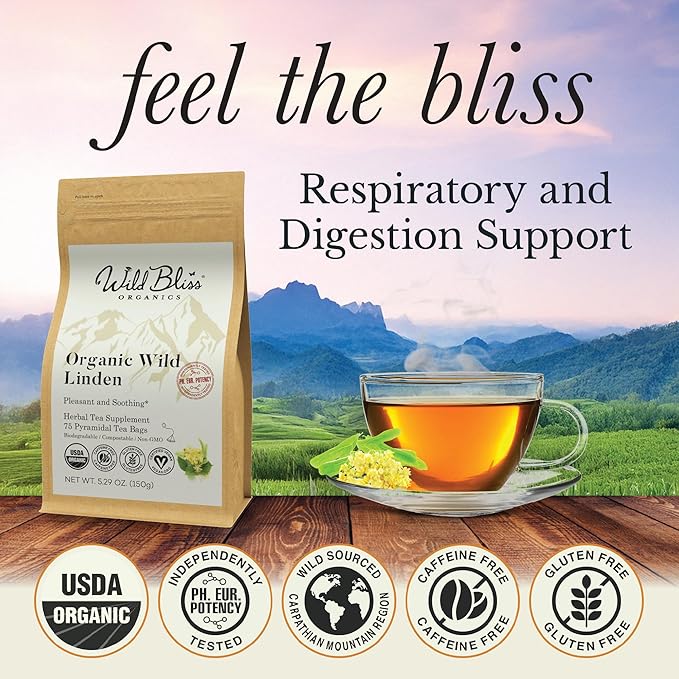 Wild Bliss Organic Linden Flower Tea - Caffeine Free Calming Herbal Tea - 75 Plant Based Tea Bags