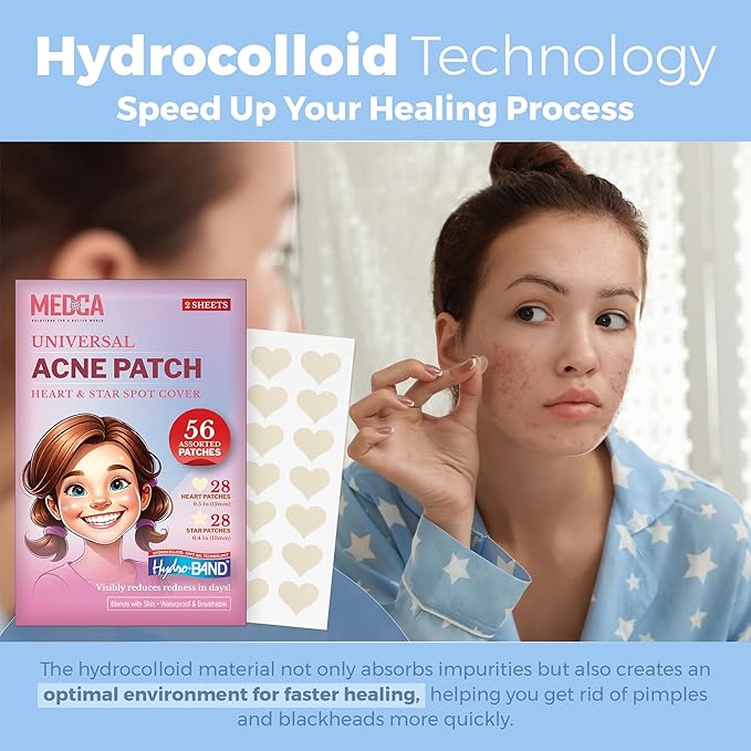 MEDca Acne Patches for Face - Hydrocolloid Bandages (56 Count) Pimple Patches for Face in Hearts & Stars, Acne Spot Treatment Care for Face & Skin Spot Patch Conceals Zits, Acne and Blackheads