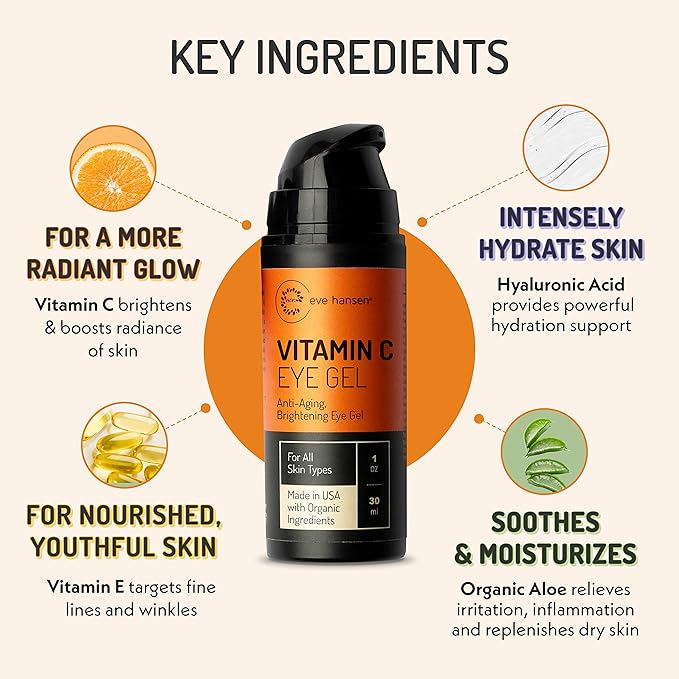 Eve Hansen Vitamin C Eye Gel - Under Eye Cream for Dark Circles and Puffiness - Anti-Aging Eye Repair Cream with Hyaluronic Acid - Under Eye Treatment for All Skin Types - Eye Brightening Cream - 1 oz
