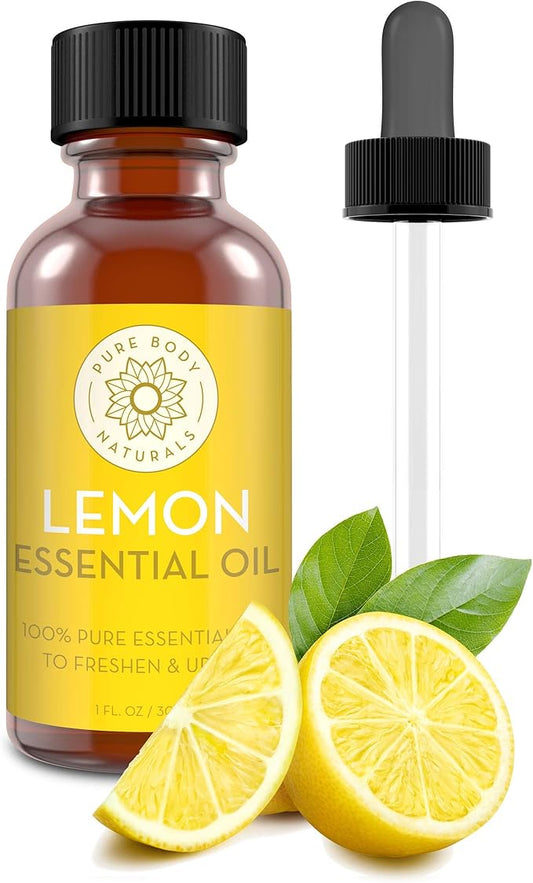 Pure Body Naturals Lemon Essential Oil, 1 fl oz - 100% Pure & Undiluted Lemon Oil for Diffuser and DIY - Natural Deodorizer, Laundry Freshener, Household Cleaner and Degreaser