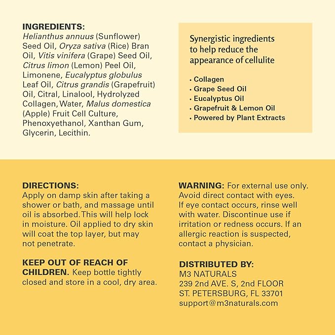 Anti Cellulite Massage Oil - Body Oil and Massage Oil for Massage Therapy | Infused with Collagen and Stem Cell Skin Tightening Cellulite Cream and Massage Lotion for Women 16 Fl Oz by M3 Naturals