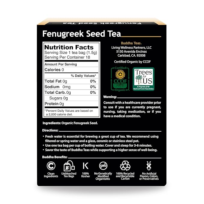 Buddha Teas Organic Fenugreek Seed Tea - OU Kosher, USDA Organic, CCOF Organic, 18 Bleach-Free Tea Bags