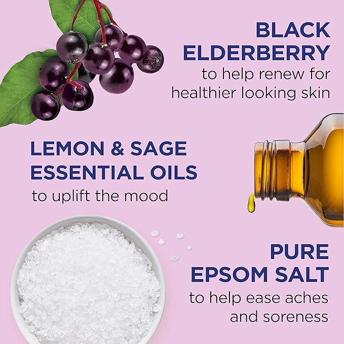 Dr Teal's Foaming Bath with Pure Epsom Salt, Black Elderberry with Vitamin D, 34 fl oz (Pack of 4) (Packaging May Vary) & Pure Epsom Salt Soak, Black Elderberry with Vitamin D, 3 lbs (Pack of 4)