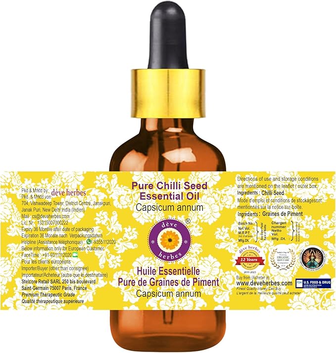 Deve Herbes Pure Chilli Seed Essential Oil (Capsicum annum) with Glass Dropper Steam Distilled 100ml (3.38 oz)