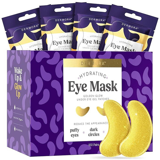 DERMORA Golden Glow Under Eye Patches (100 Pairs Eye Gels) - Rejuvenating Treatment for Dark Circles, Puffy Eyes, Refreshing, Revitalizing, Travel, Wrinkles