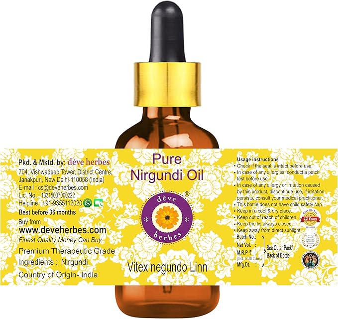 dève herbes Pure Nirgundi Oil (Vitex negundo Linn) with Glass Dropper (Pack of Two) 100ml X 2 (6.76 oz)