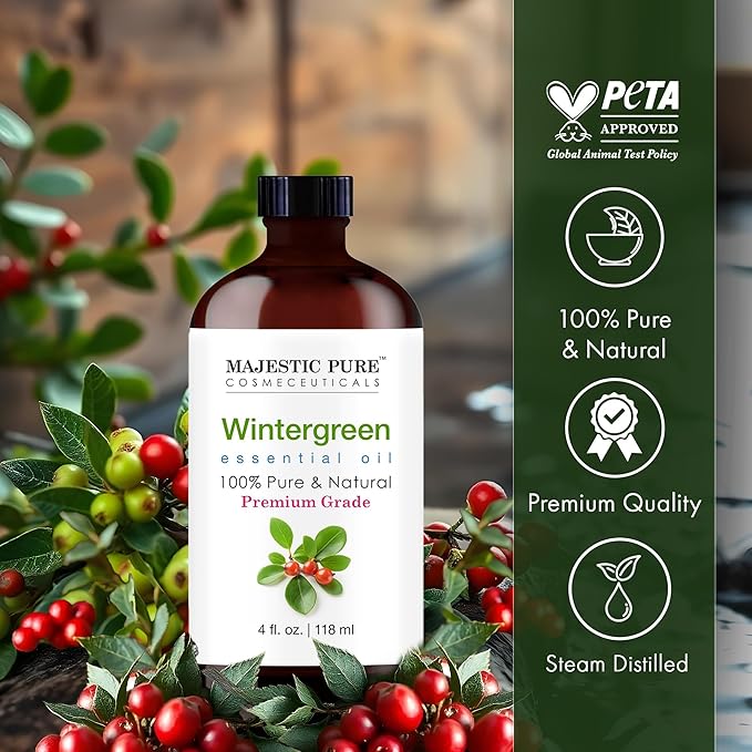 MAJESTIC PURE Wintergreen Essential Oil | 100% Pure and Natural Oil | Premium Grade Essential Oils for Hair Care, Home Diffusers, Skin, Aromatherapy, Massage and Humidifiers | 4 Fl Oz