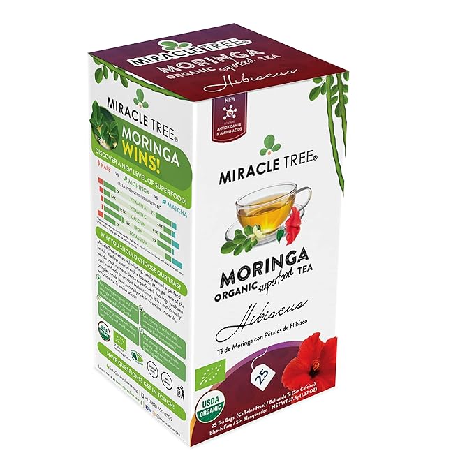 Miracle Tree - Organic Moringa Superfood Tea, 25 Individually Sealed Tea Bags, Hibiscus (Keto, Detox, Energy & Immunity Booster, Vegan, Gluten-Free, Organic, Non-GMO, Caffeine-Free)