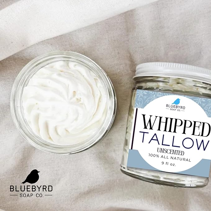 Bluebyrd Tallow Lotion – Large 9oz Size – 100% Grass-Fed & Hand-Whipped – Deeply Moisturizes & Soothes Dry, Sensitive Skin, Face + Body (9oz, Unscented)