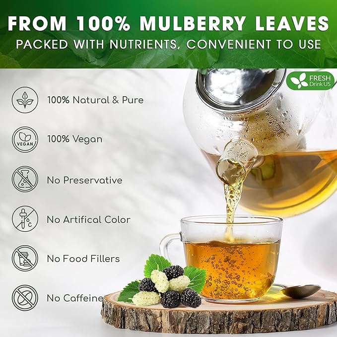 FreshDrinkUS, Premium 120 Mulberry Leaf Tea Bags, 100% Natural & Pure from Mulberry Leaves. Loose Leaf Mulberry Herbal Tea. Made with Natural Material Tea Bags. No Sugar, No Caffeine, No Gluten, Vegan.