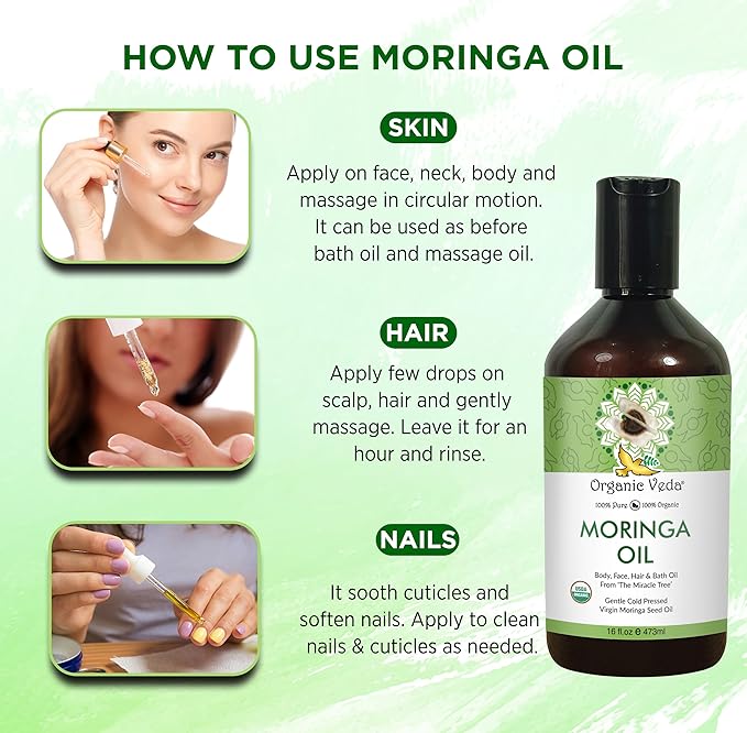 Organic Veda Moringa Oil - Pure Cold Pressed Organic Moringa Seed Oil - Natural Face Oil for Women, Moisturizing Hair Oil - Virgin Moringa Oleifera Oil for Skin, Body, Scalp Care & Nails - 16 fl.oz