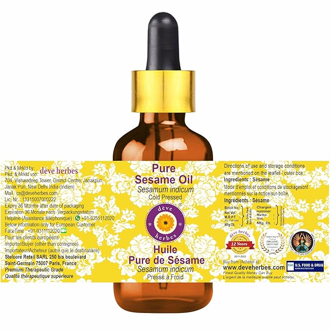dève herbes Pure Sesame Oil (Sesamum indicum) with Glass Dropper Cold Pressed100ml (3.38 Oz)