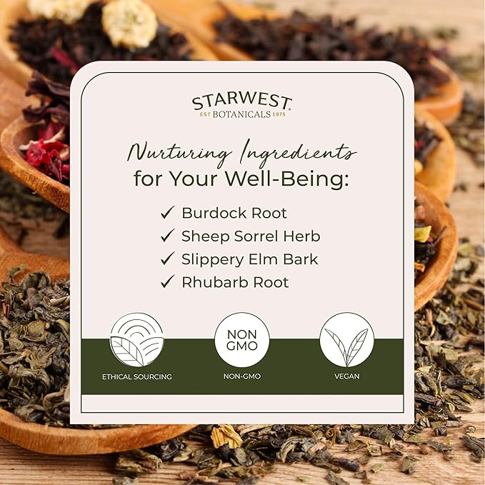 Starwest Botanicals Essiac Tea Organic - Caffeine Free Herbal Blend, Loose Leaf Burdock Root, Slippery Elm Bark, Sheep Sorrel, & Rhubarb, Certified Kosher, Non-GMO - Bulk 1 lb Bag