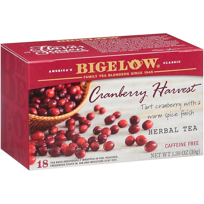 Bigelow Tea Cranberry Harvest Herbal Tea, Caffeine Free Tea with Cranberry and Spice, Holiday and Christmas Tea, 18 Count Box (Pack Of 6), 108 Total Tea Bags