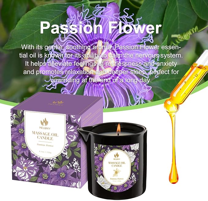 MELONY Massage Oil Candles, Essential Oil Candle Lotion, 8.1OZ/230g, Home Spa with Luxurious Body Oil, Intensive Skin Treatment Candle, Low Temp Body Safe Wax (Passion Flower)