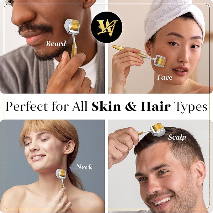 Derma Roller for Skin, Hair & Beard – Women and Men Titanium Microneedling Roller for Face & Scalp, Safe & Easy to Use - Premium Gold