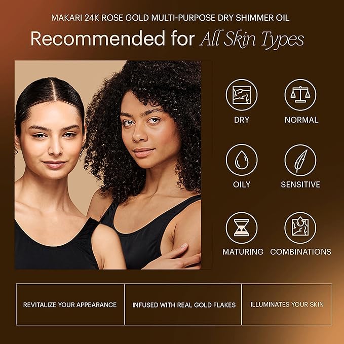 Makari 24K Rose Gold Multi-Purpose Dry Shimmer Oil (3.38 fl oz) | Body Shimmer Oil for Face, Hair and Body | Shimmer Body Oil with Real Gold Flakes | Luxurious Dry Body Oil and Shimmering Body Oil