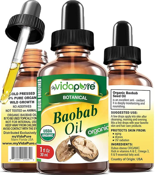 MYVIDAPURE Organic BAOBAB OIL Certified Organic 100% Natural Pure VIRGIN UNREFINED. 1 Fl.oz.- 30 ml. For Skin, Face, Hair, Lip and Nail Care