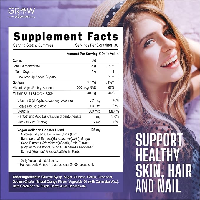 Superfruit Gummy Beauty Vitamins - Supports Skin, Hair, and Nail Health - Vegan Collagen Builder with Silica, Biotin, Super Berry Amla, Vitamin C, A, E, Orange Flavor, Non GMO, No Gluten - 60 Gummies
