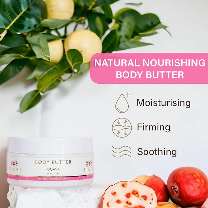 PURE FIJI Body Butter - Moisturizer Body Butter Cream - Face Cream and Body Lotion for Dry Skin with Natural Oils & Vitamin E, Body Butter For Women for Men, Guava, 8oz