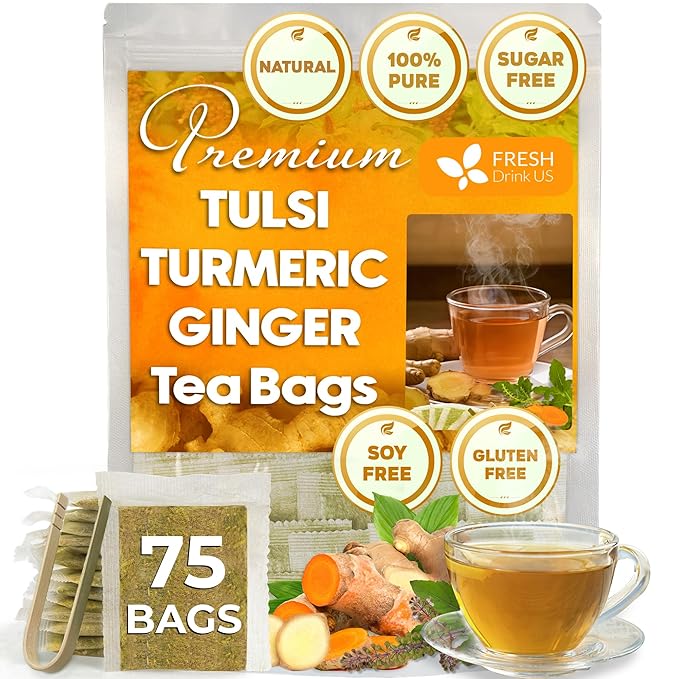FreshDrinkUS, Premium 75 Tulsi Turmeric Ginger Tea Bags, 100% Natural & Pure from Tulsi Holy Basil Leaves, Turmeric and Ginger. Made with Natural Material Tea Bags. No Sugar, No Caffeine, Vegan.