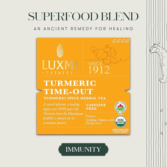 Luxmi Estates Turmeric Time-Out Herbal Loose Tea 250g Pack | Certified USDA Organic Herbal Tea | With Organic Turmeric, Ginger, Cardamom, Black Pepper | Supports A Healthy Response To Inflammation (125 Cups)