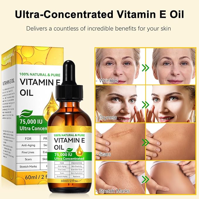 Pure Vitamin E Oil, 60ML Natural Organic Vitamin E Oil for Skin, Face and Scars, Body Massage Moisturizing Dry Skin, Nourish Hair and Scalp, 2 fl.oz