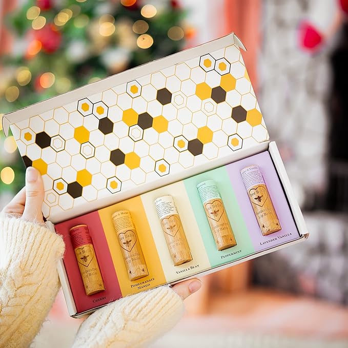 Bee Bella Lip Balm Variety 5 Pack Gift Set, Cherry, Pomegranate Mango, Vanilla Bean, Peppermint, & Lavender Vanilla, Easter Basket Gift, Organic Beeswax with Vitamin E, Handmade in USA