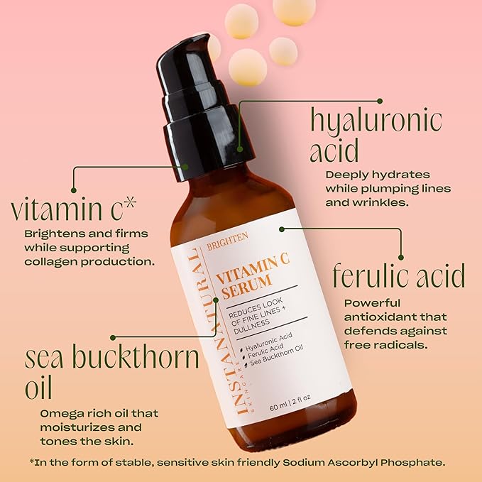 InstaNatural Vitamin C Face Serum, Brightens, Hydrates and Reduces Signs of Aging, with Vitamin C, Hyaluronic and Ferulic Acid, 2 FL Oz