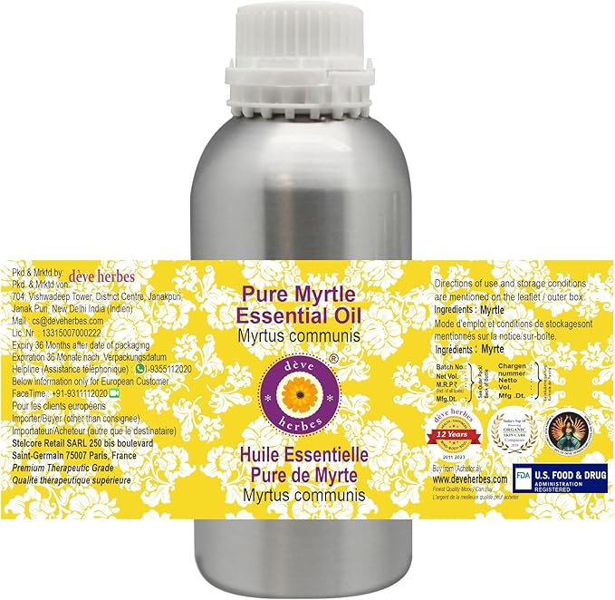 Deve Herbes Pure Myrtle Essential Oil (Myrtus communis) Steam Distilled 630ml (21 oz)